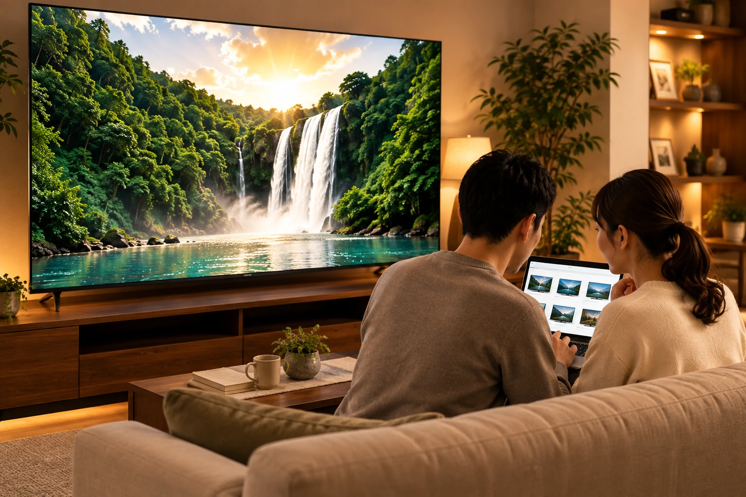 大画面テレビのあるリビングで、夫婦がパソコンを使ってテレビを選ぶイメージ