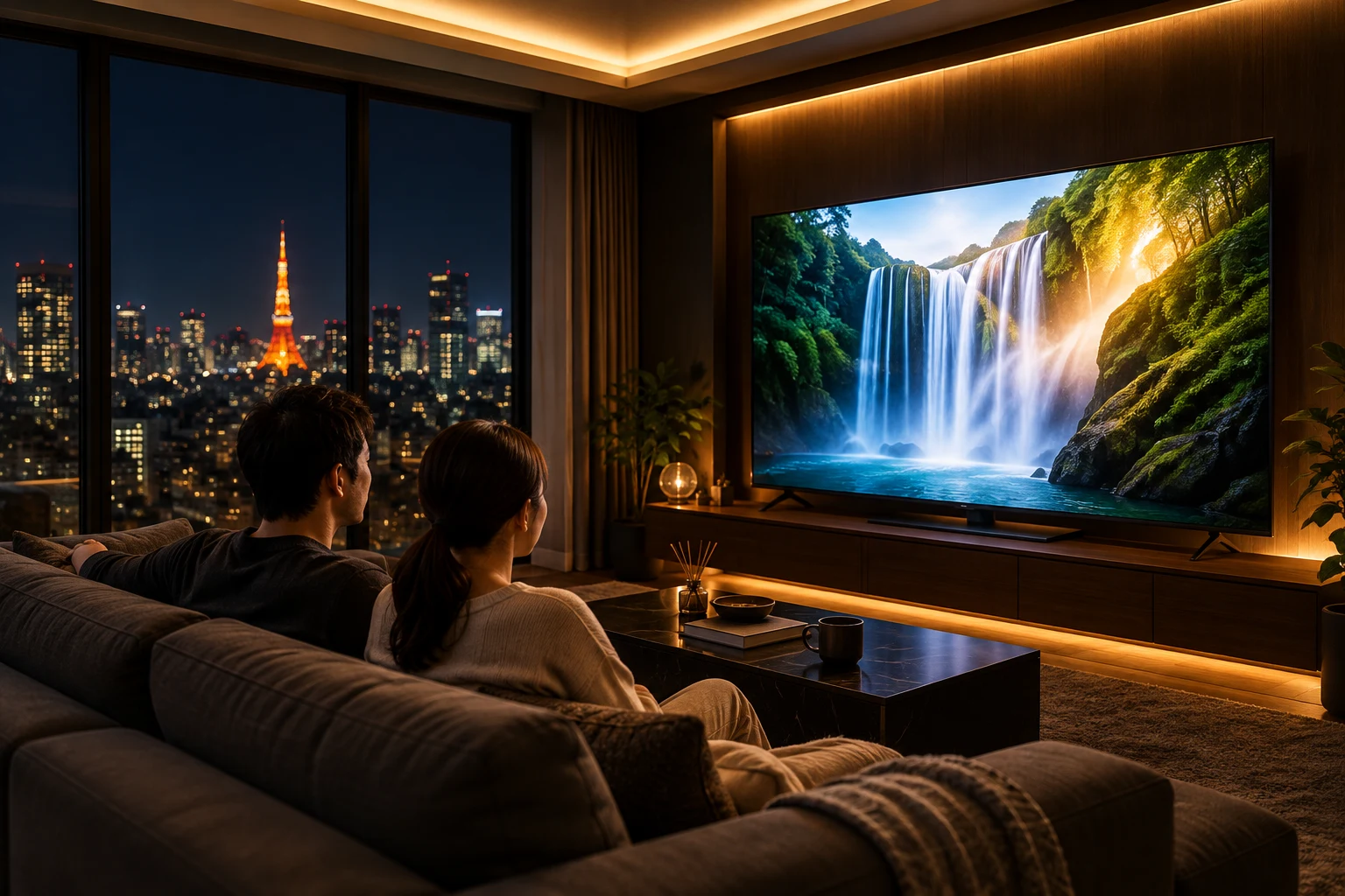 夜景の見えるリビングで大型テレビを楽しむ夫婦のイメージ